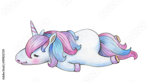  Cute sleeping  unicorn cartoon, isolated on white.