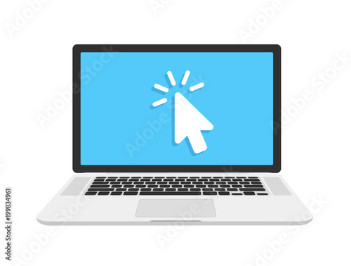 Open laptop in flat style isolated on background. Laptop with pc mouse and keyboard. Flat cartoon design, vector illustration on background.