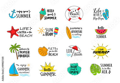 Collection of summer icons - decorations with text. Vector.