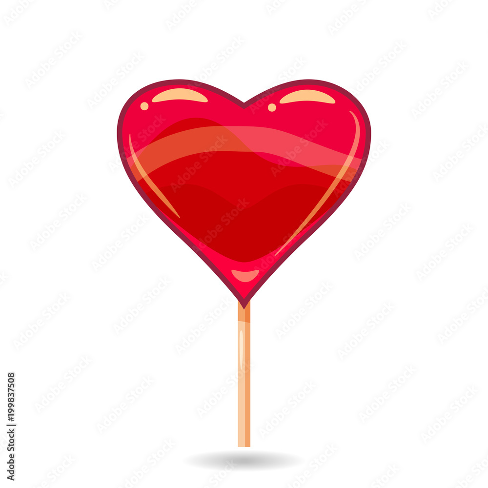 Pink candy on a stick in the form of heart. Lollipop vector illustration. Vector, illustration, cartoon style