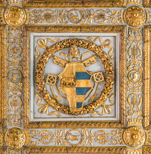 Pope Alexander VI of Borgia Family coat of arms in the ceiling of the Basilica of Santa Maria Maggiore in Rome, Italy. 