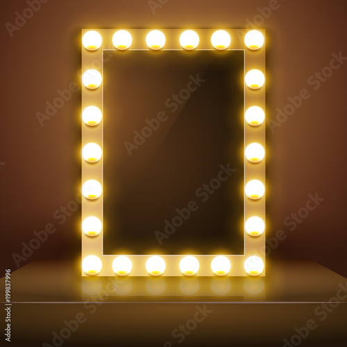 Make up mirror with light. Vector artist dressing room. Make-up mirror