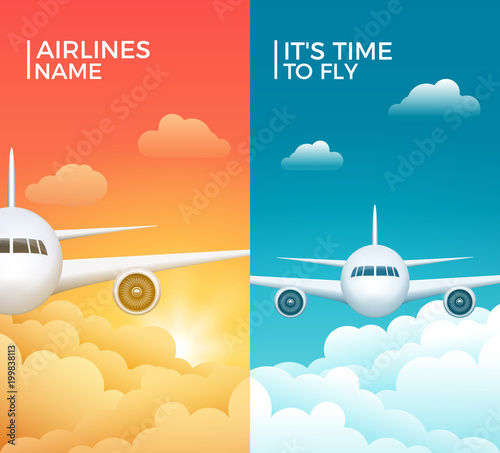 Travel airplane tourism vector banner design. World trip vacation background. Aircraft illustration