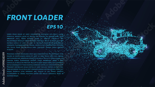 Front loader from the particles. Construction equipment is scattered on small molecules. Vector illustration