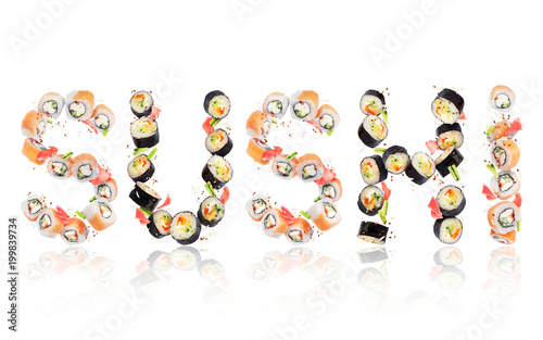 Inscription Sushi made of rolls in high resolution on white background