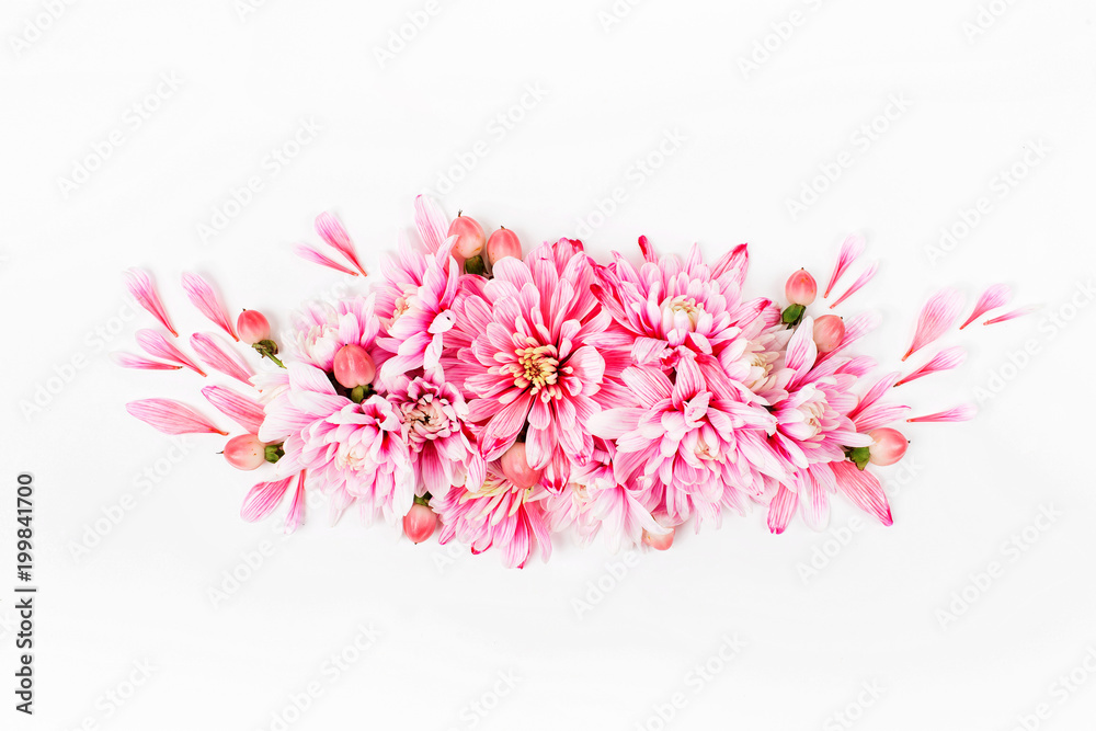 Beautiful floral arrangements. Pink chrysanthemums on white background. Flat lay, top view. Beautiful floral arrangements. Pink chrysanthemums on white background. Flat lay, top view.