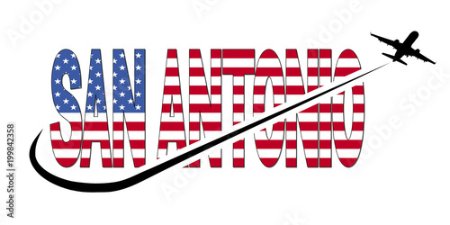 San Antonio flag text with plane silhouette and swoosh illustration