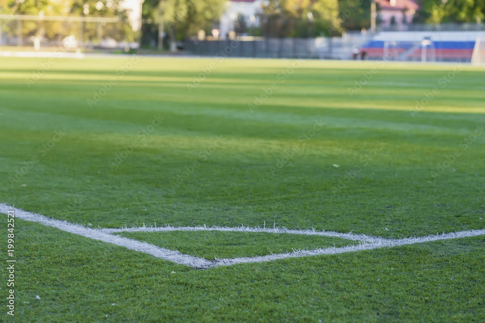 Corner of soccer field, pattern of green grass for football sport, football field, stadium, sport texture, selective focus