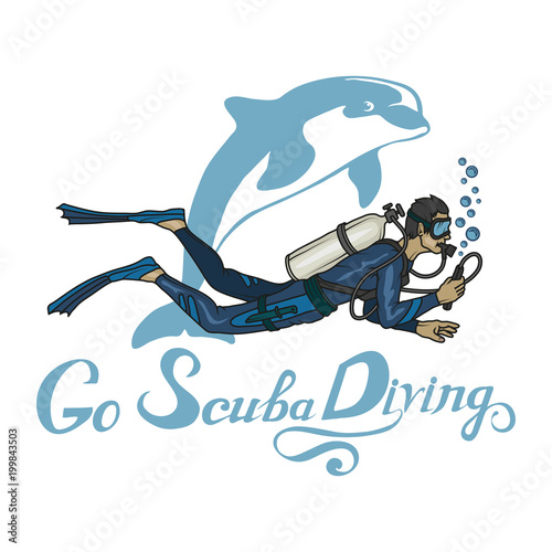 Scuba diving logo. Diver with scuba . Scuba-diving. Vector diver character.