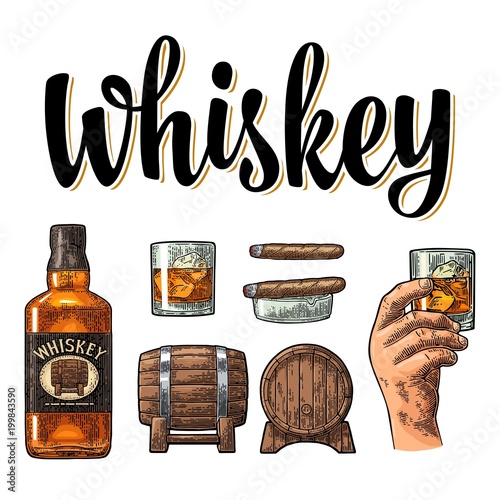 Whiskey glass with ice cubes, barrel, bottle and cigar.
