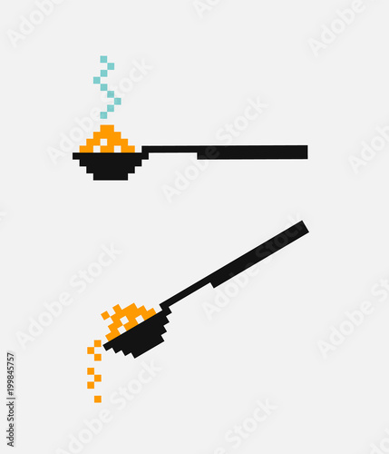Vector pixel spoon with hot food. A spoon pours the sugar salt food