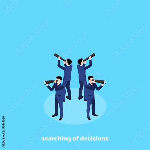 men in business suits with telescopes look in all directions of the world, isometric image