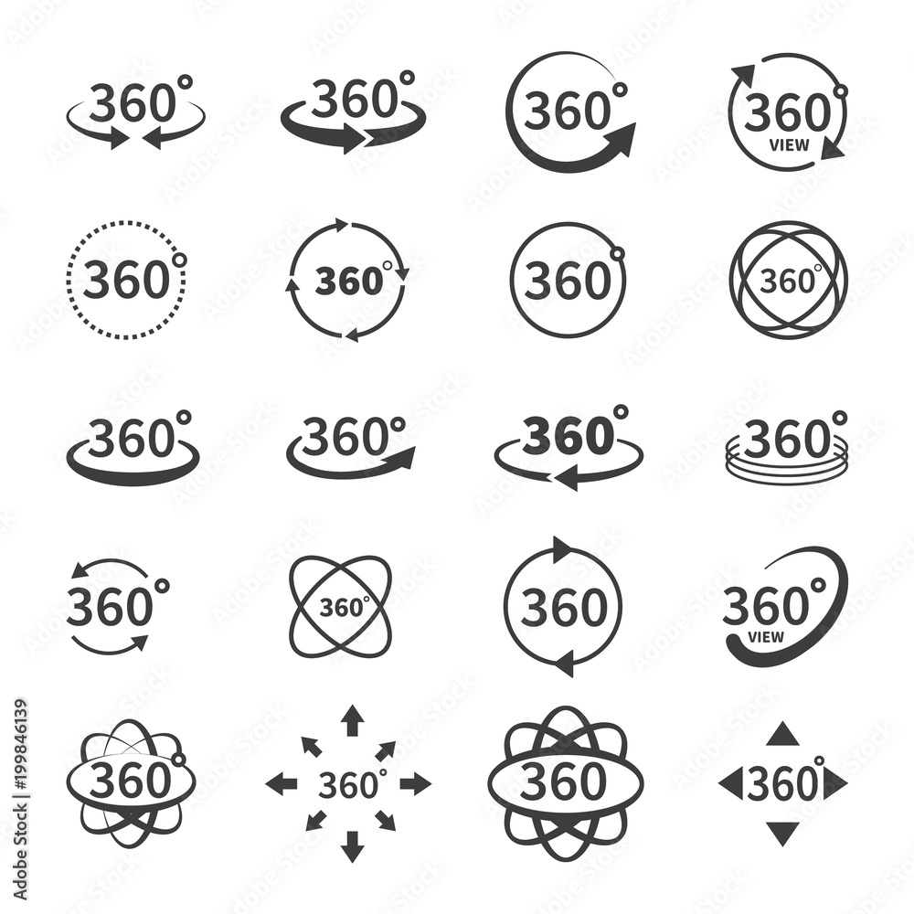 360 degree views of vector circle icons isolated from the background. Signs with arrows to indicate the rotation or panoramas to 360 degrees. Vector illustration isolated on white background.