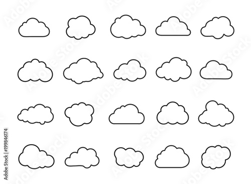 Clouds line art icon collection. Storage solution element, networking, cloud and meteorology concept. Vector illustration isolated on white background.