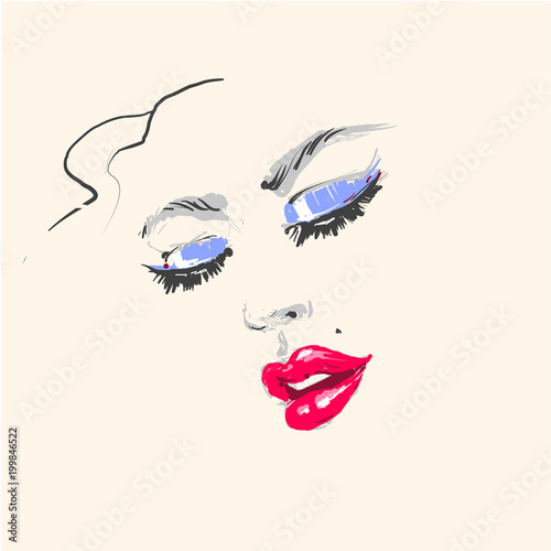 Young beautiful woman fashion portrait face with red lipstick and blue eyeshadow hand drawn illustration