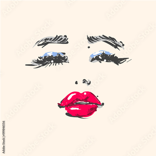 Young beautiful woman fashion portrait face looking up with red lipstick and blue eyeshadow sensual hand drawn illustration