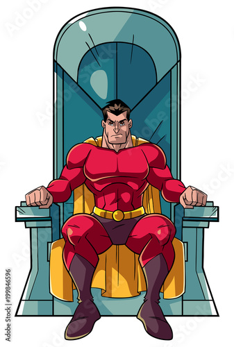 Front view full length illustration of a cartoon superhero sitting on an iron throne as a positive concept for power and leadership isolated on white background for copy space.