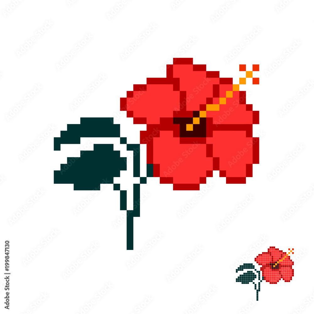 Flower in the style of pixel art. Red hibiscus. Vector