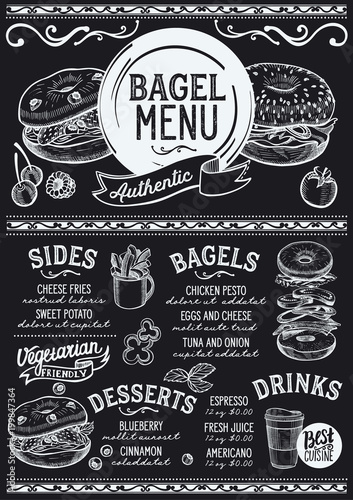 Bagels restaurant menu. Vector sandwich food flyer for bar and cafe. Design template with vintage hand-drawn illustrations.
