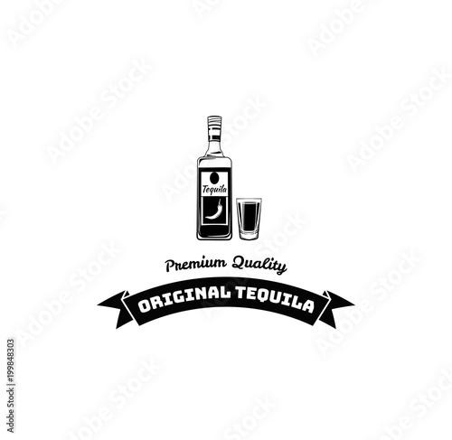 Tequila bottle, shot. Alcoholic beverage, Alcohol drink. Dar pub menu design. Vector.