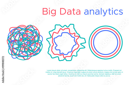 Big data science vector illustration. Machine learning algorithm for information filter and anaytic in flat doodle style