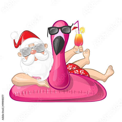Santa Claus on summer vacation with flamingo inflatable swim ring - sunglasses