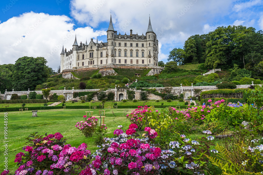 Colorful flowers in the gardens of Dunrobin Castle, Sutherland, Scotland, Britain