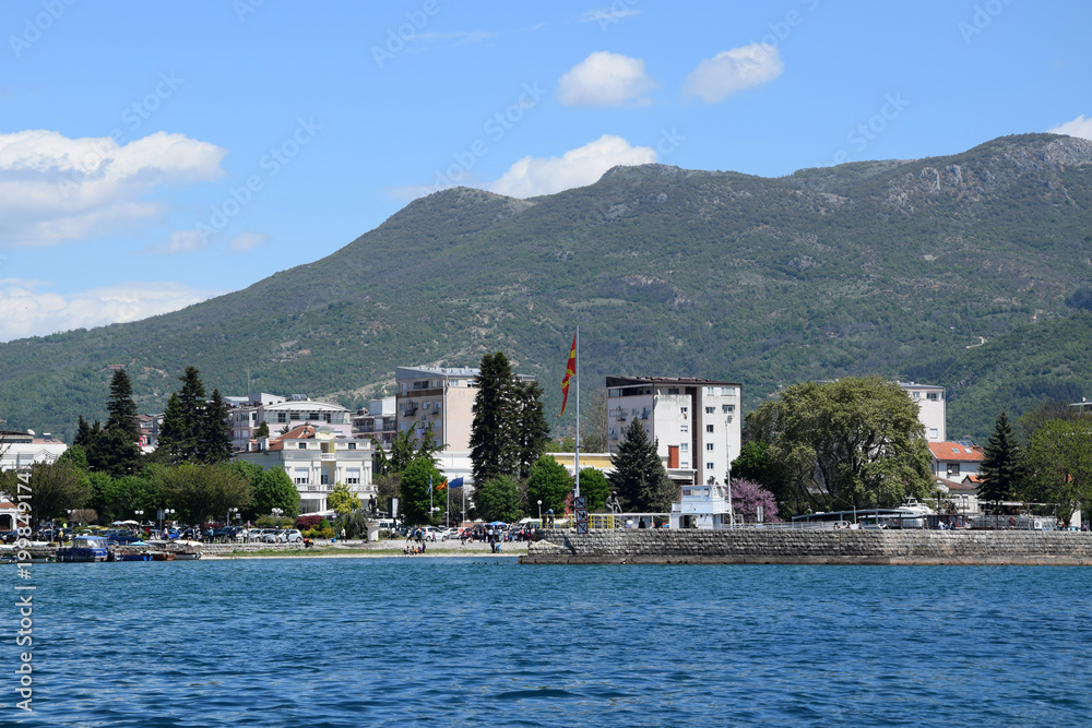 Ohrid city port. Ohrid old town near lake coast. Macedonia.