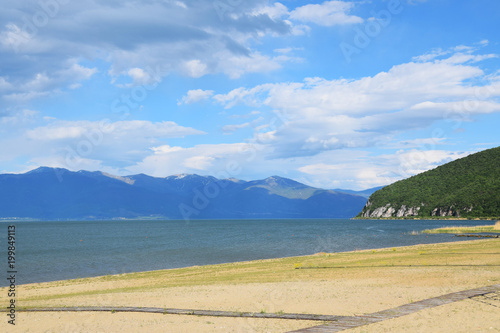 Lake Prespa beach in Stenje village. Macedonia - Albania - Greece border. photo