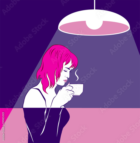 A pink-haired girl sniffing coffee, cup near face