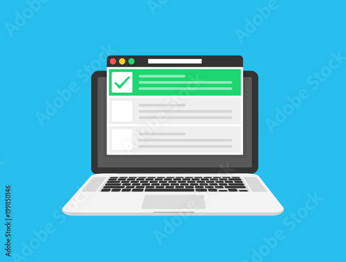Checklist browser window. Check mark. White tick on laptop screen. Choice, survey concepts. Elements for web banners, websites, infographics. Flat design, vector illustration on background.