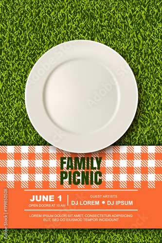 Vector realistic 3d illustration of plate, red plaid on green grass lawn. Picnic in park. Banner, poster design template