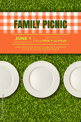 Vector realistic 3d illustration of plates, plaid on green grass lawn. Picnic in park. Banner, poster design template