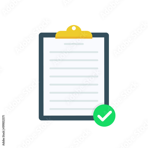 Clipboard with green tick checkmarks. Checklist, complete tasks, to-do list, survey, exam concepts. Premium quality. Modern flat design graphic elements. Flat design, vector illustration on background