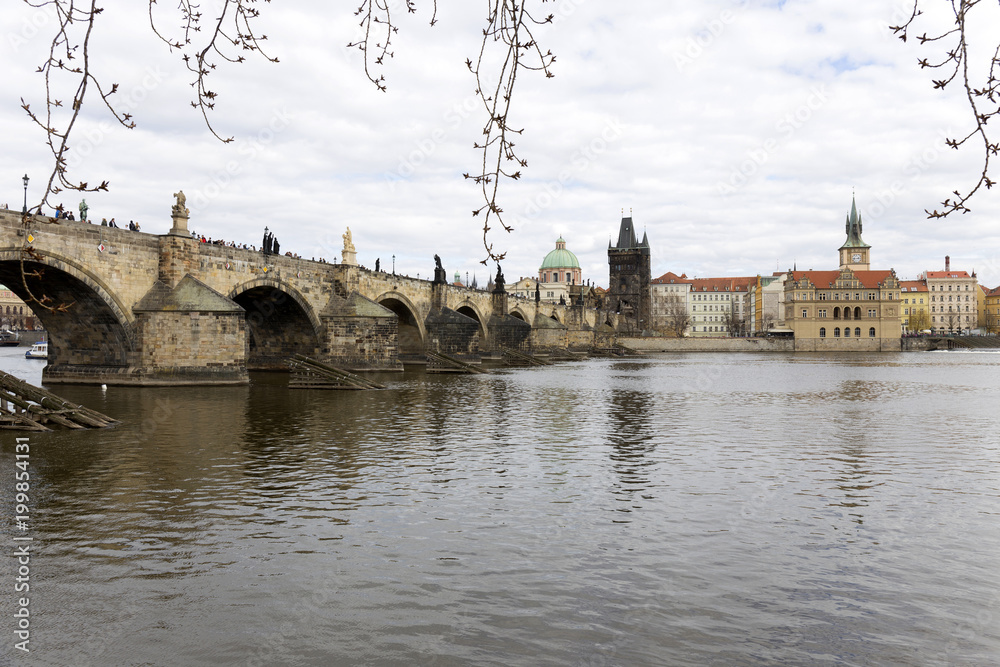 Fototapeta premium View on the spring Prague City above River Vltava, Czech Republic