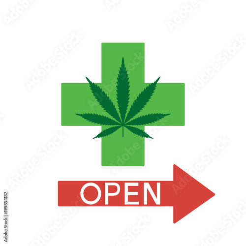 Green cross points the way to legal marijuana. Medical marijuana. Isolated vector.