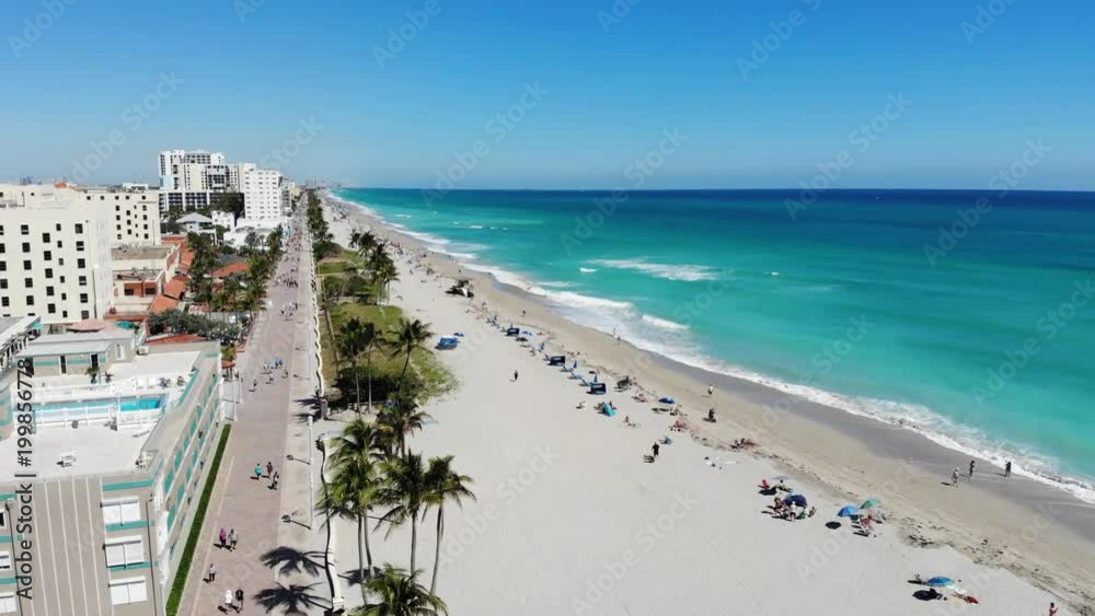 Aerial view of Hollywood Beach, Florida, near Miami Beach. The view encompasses the luxury hotel and resort chains that dot the shoreline.