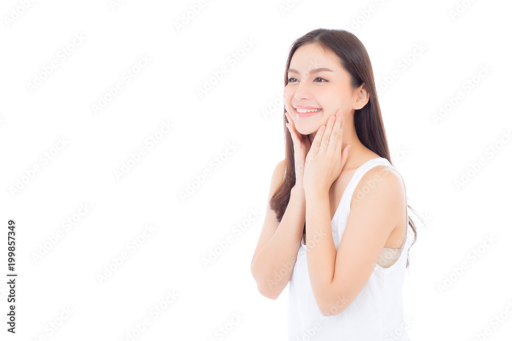 Portrait of beautiful asian woman makeup of cosmetic, girl hand touch cheek and smile attractive, face of beauty perfect with wellness isolated on white background with skin healthcare concept. Portrait of beautiful asian woman makeup of cosmetic, girl hand touch cheek and smile attractive, face of beauty perfect with wellness isolated on white background with skin healthcare concept.