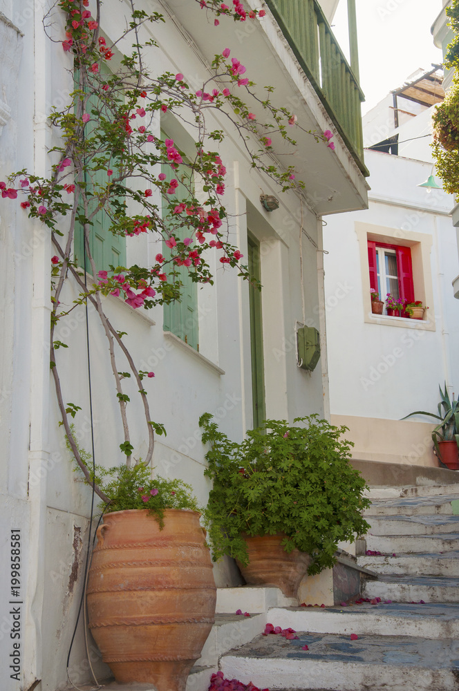 Narrow street with stairs and flowerpots at Skopelos town, Skopelos island in Greece