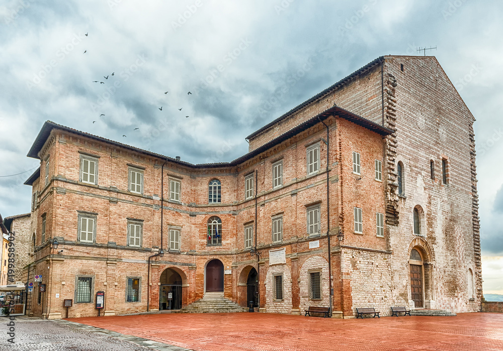 View of Palazzo Pretorio, medieval building in Gubbio, Italy