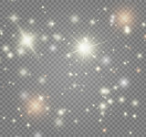 White sparks and golden stars glitter special light effect. Magic sparkles on transparent background. 