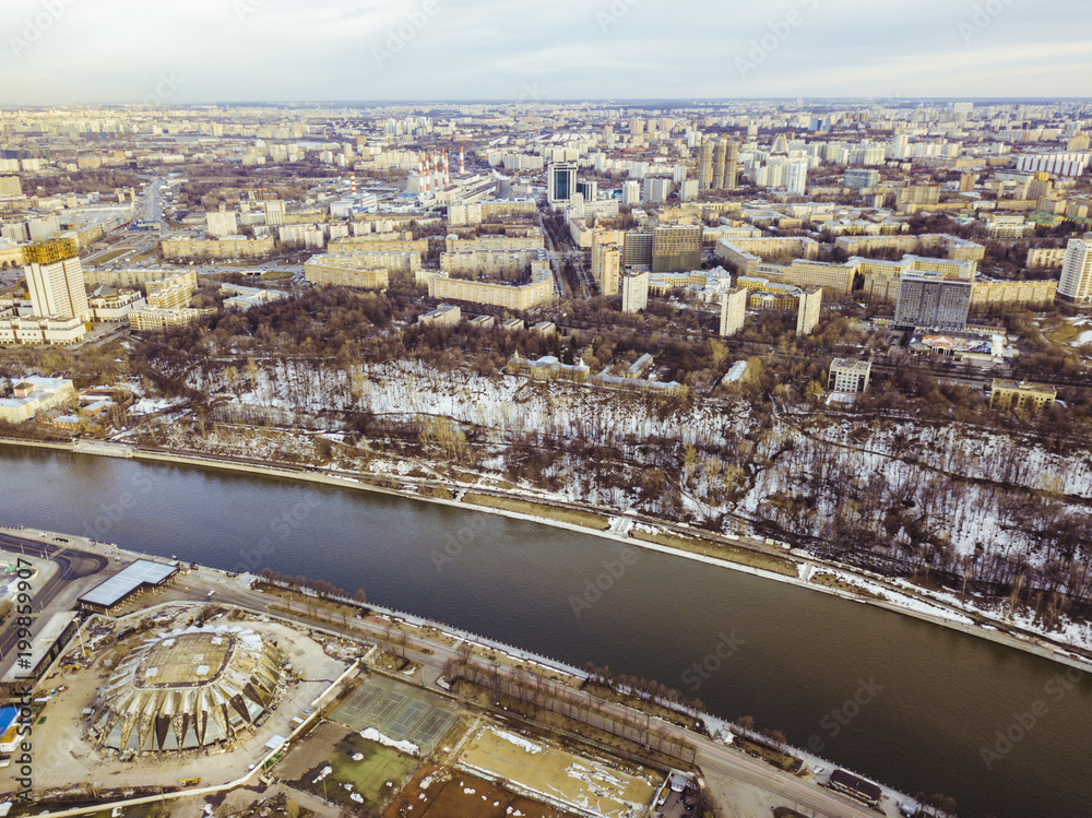 aerial moscow russia river on the city