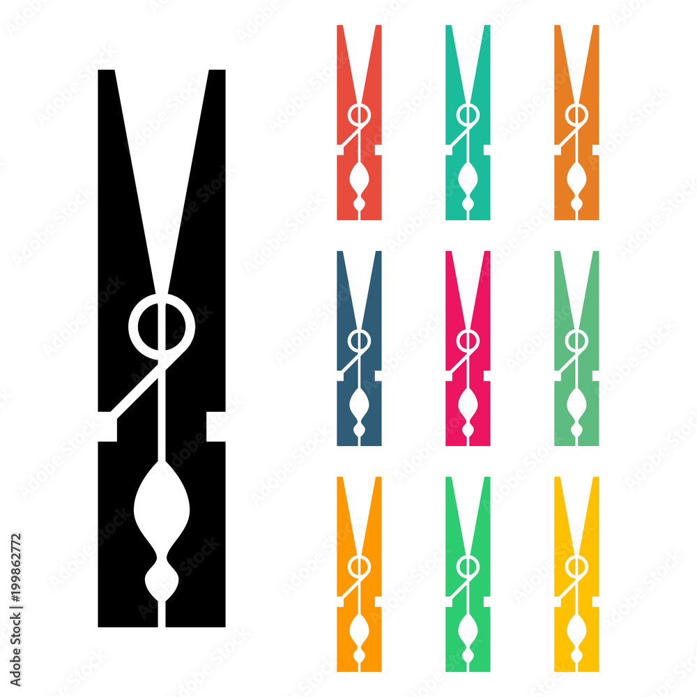 Clothespins, icons set, colorful isolated on white background, vector illustration. Clothespins, icons set, colorful isolated on white background, vector illustration.