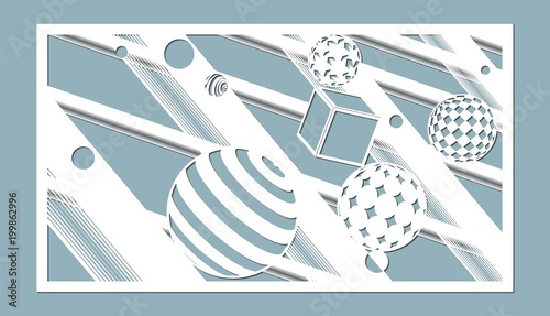 Vector illustration. Decorative panel lines, circles, cubes, balls, squares, laser cutting. cut wooden panel.