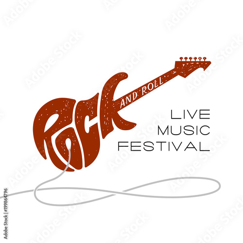 Rock and roll. Lettering in form of electric guitar on white background