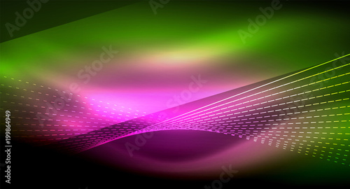 Smooth light effect, straight lines on glowing shiny neon dark background. Energy technology idea