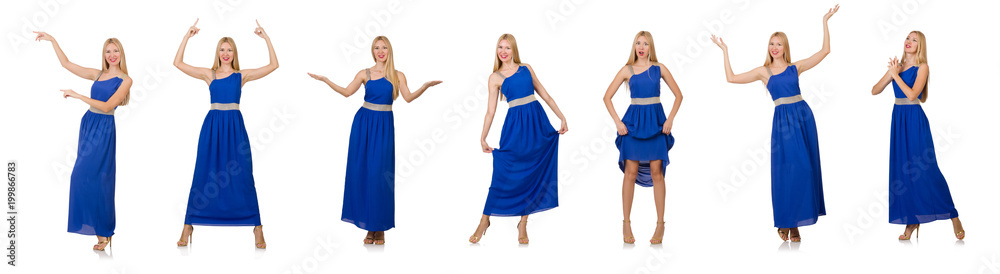 Beautiful woman in long blue dress isolated on white Beautiful woman in long blue dress isolated on white