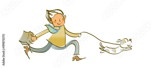 Side view of man running back of dog