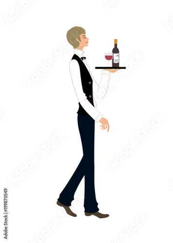 Side view of waiter holding tray of wine
