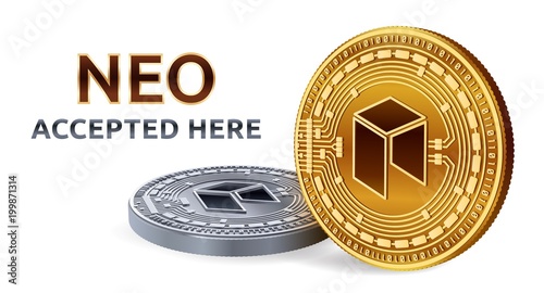 NEO. Accepted sign emblem. Crypto currency. Golden and silver coins with NEO symbol isolated on white background. 3D isometric Physical coins with text Accepted Here. Stock vector illustration.